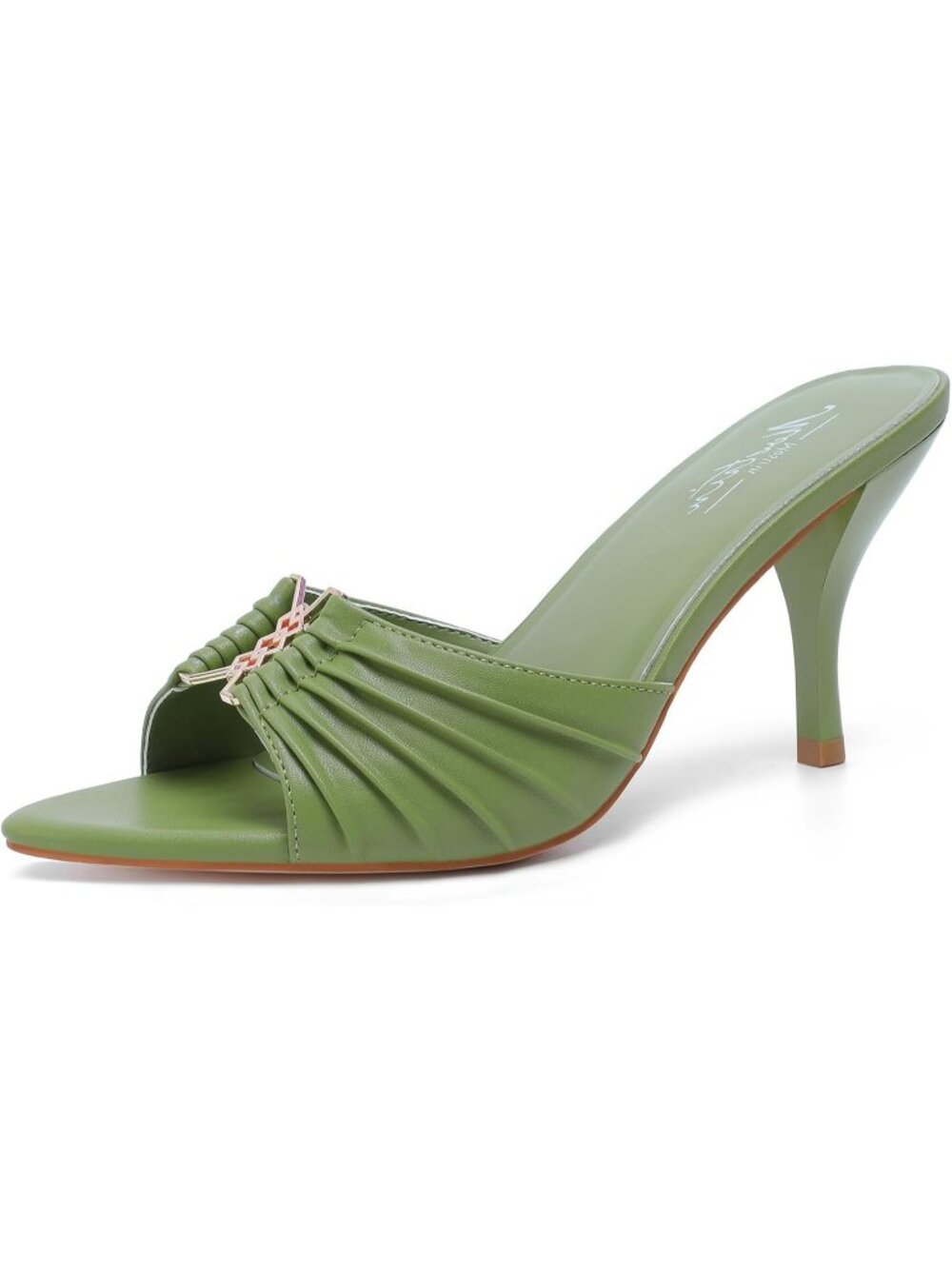 Women's Green Faux Leather Summer Stiletto Slip On Backless Dressy Heeled Sandal